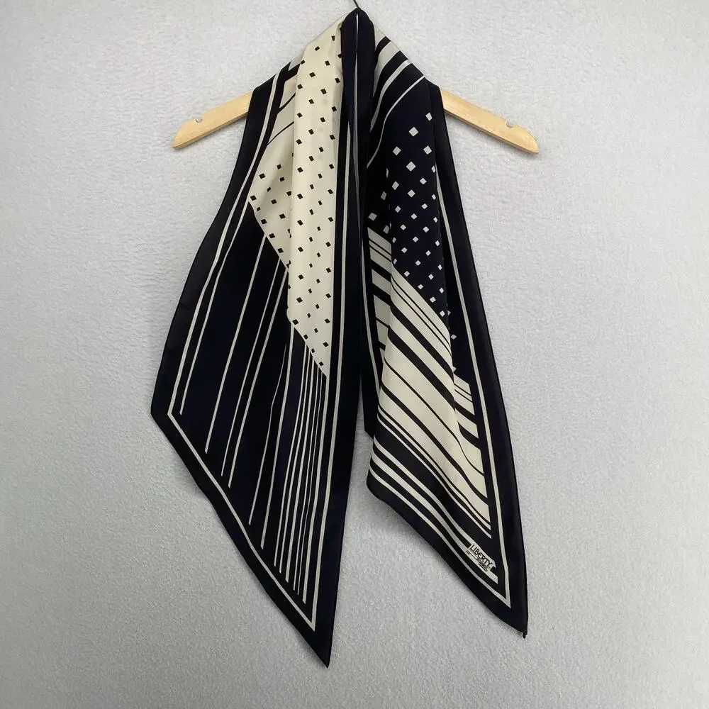 LIBERTY OF LONDON Scarf Silk Crepe de Chine Geometric Black France VTG